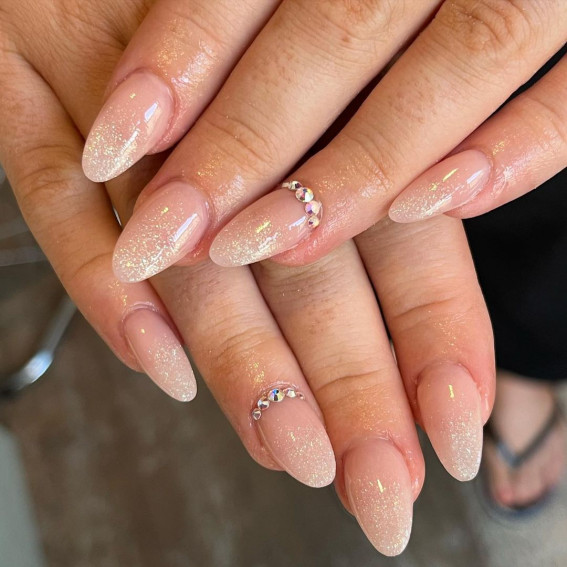 70+ Wedding Nails For Brides : Nude Glitter Almond Nails