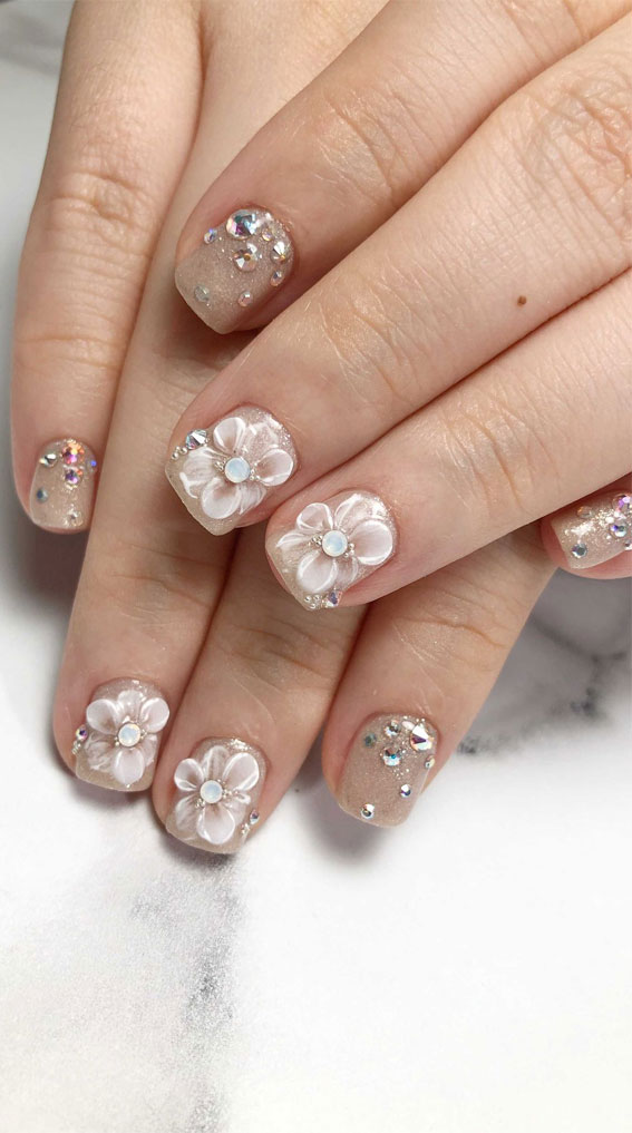 70+ Wedding Nails For Brides : Diamonte + 3D Flower Short Nails 