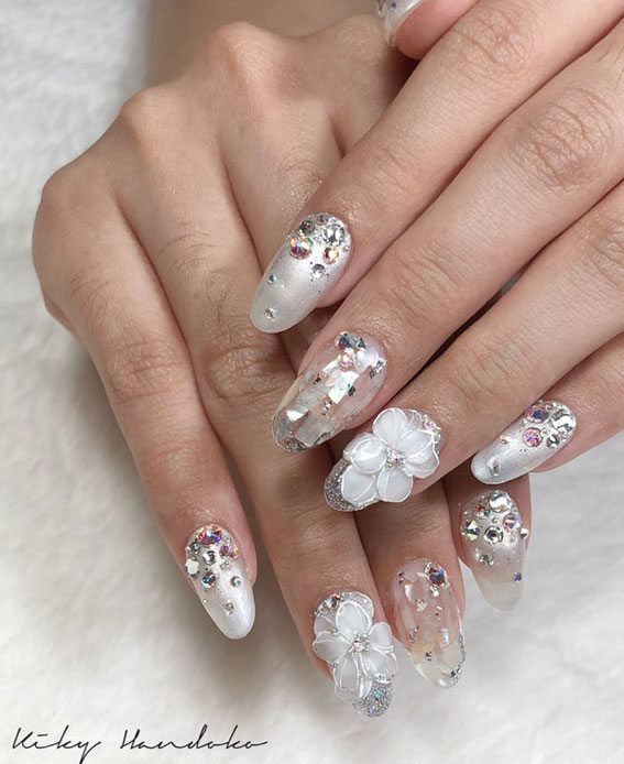 70+ Wedding Nails For Brides : 3D Flower Icy Nails