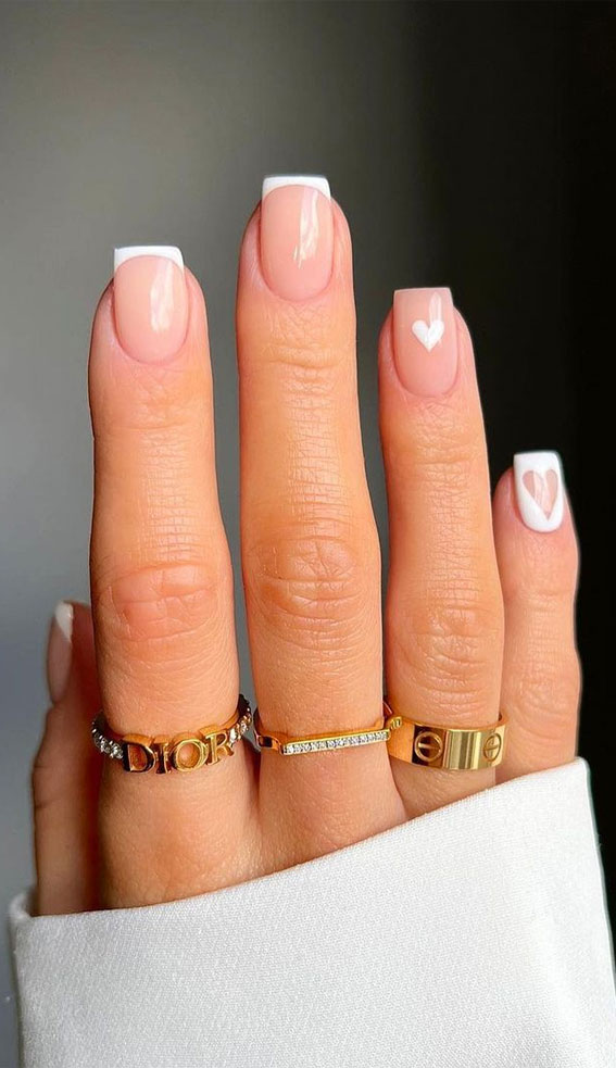 70+ Wedding Nails For Brides : White Heart and French Tip Nails