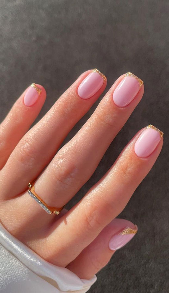 70+ Wedding Nails For Brides : Gold Glitter French Tip Square Nails