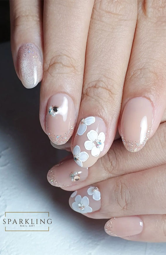 70+ Wedding Nails For Brides : Ombre Nude Glitter Flower Sheer Nails