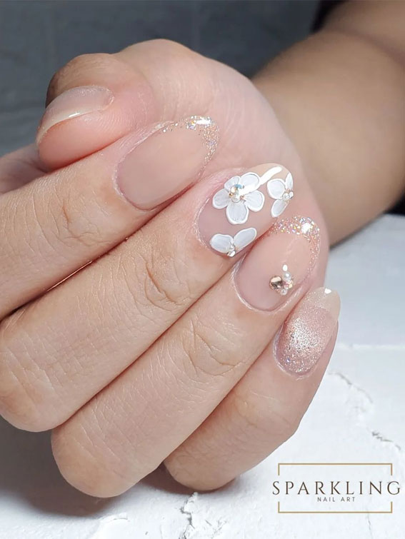 70+ Wedding Nails For Brides : Ombre Glitter + Glitter Tips + Flowers