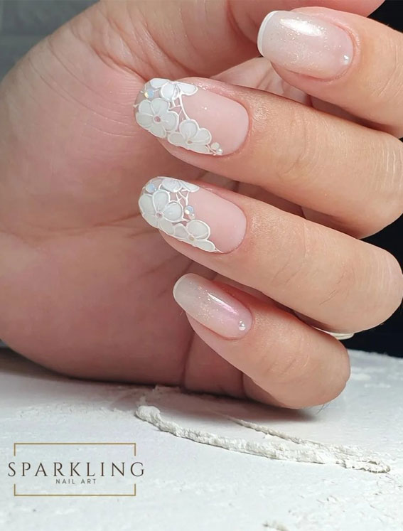 70+ Wedding Nails For Brides : Flower Lace Tip Nails