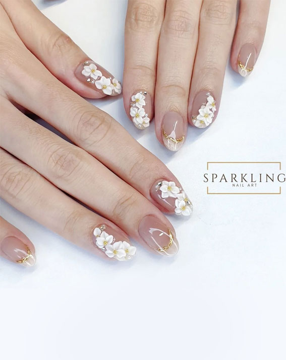 70+ Wedding Nails For Brides : Flower Embellishment Glossy Nails