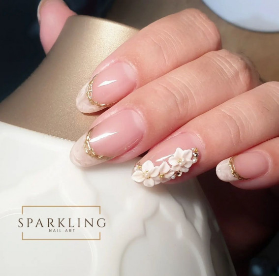 70+ Wedding Nails For Brides : Marble French Nails with 3D Flower Accents