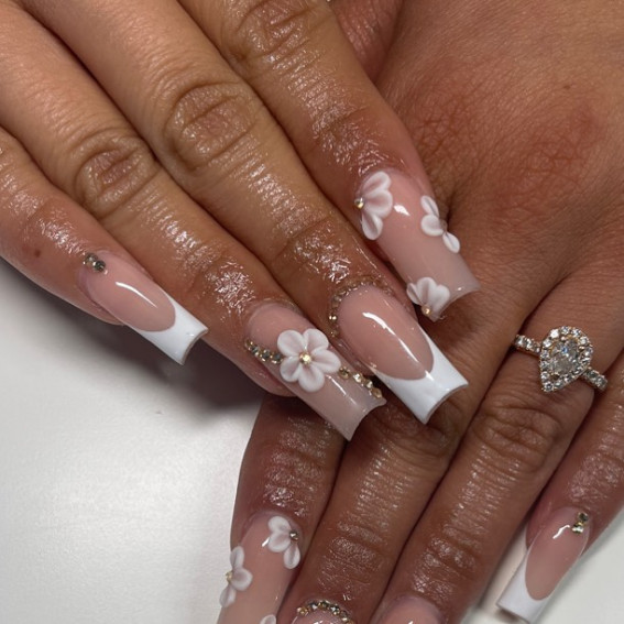 70+ Wedding Nails For Brides : Acrylic French Tip Nails with 3D Flowers