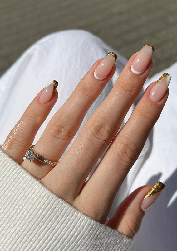 70+ Wedding Nails For Brides : Glitter Tip + White Reverse French Nails