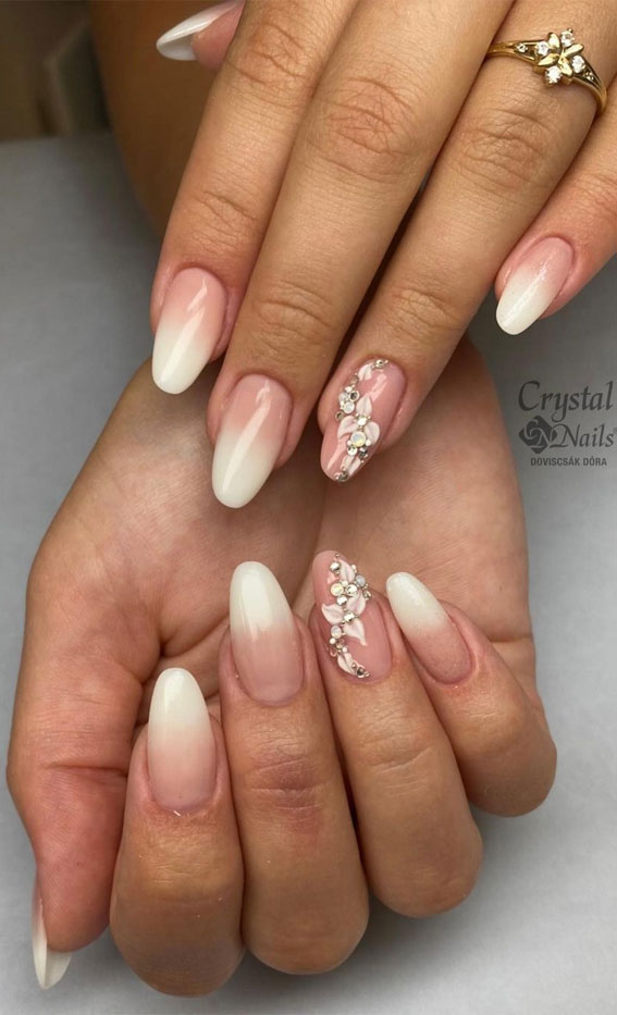70+ Wedding Nails For Brides : Nude Ombre Nails with Flower Embellishment Effects
