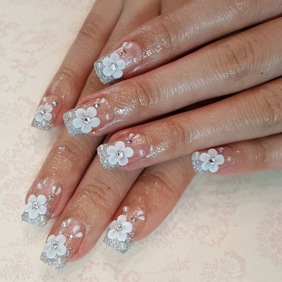 70+ Wedding Nails For Brides : Silver Tip Nails with Flower Accents
