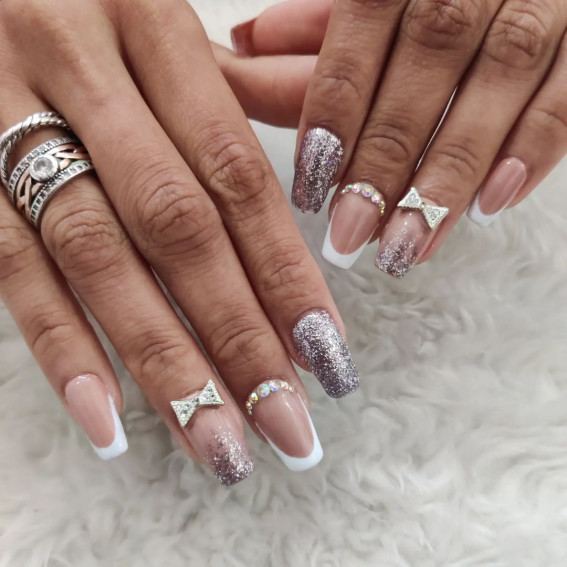 70+ Wedding Nails For Brides : Ombre Glitter + French + Diamante Cuffs