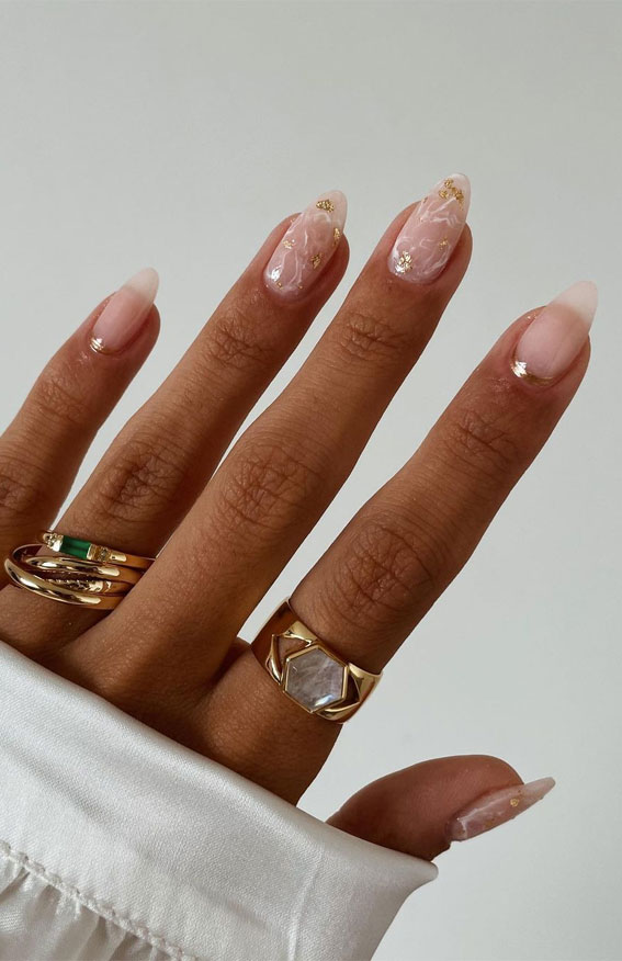70+ Wedding Nails For Brides : Gold Cuffs + Rose Quartz with Gold Flakes