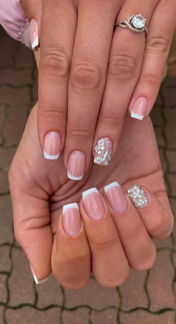 70+ Wedding Nails For Brides : Diamante Butterfly + French Tip Nails