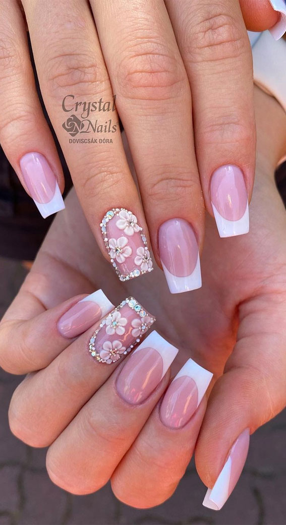 70+ Wedding Nails For Brides : Flower Diamante Outline + French Nails