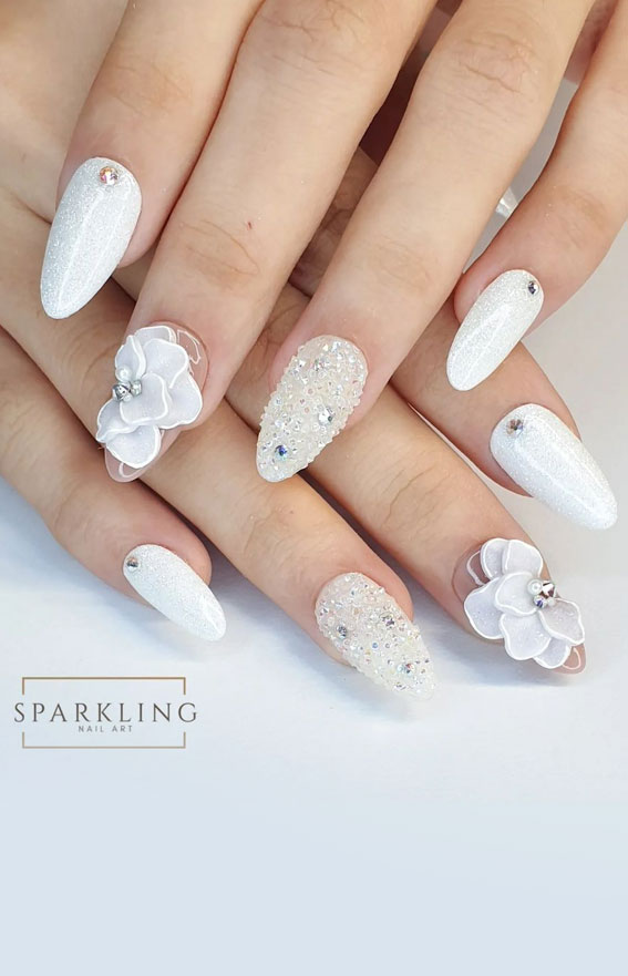 70+ Wedding Nails For Brides : 3D Flower White Bridal Nails