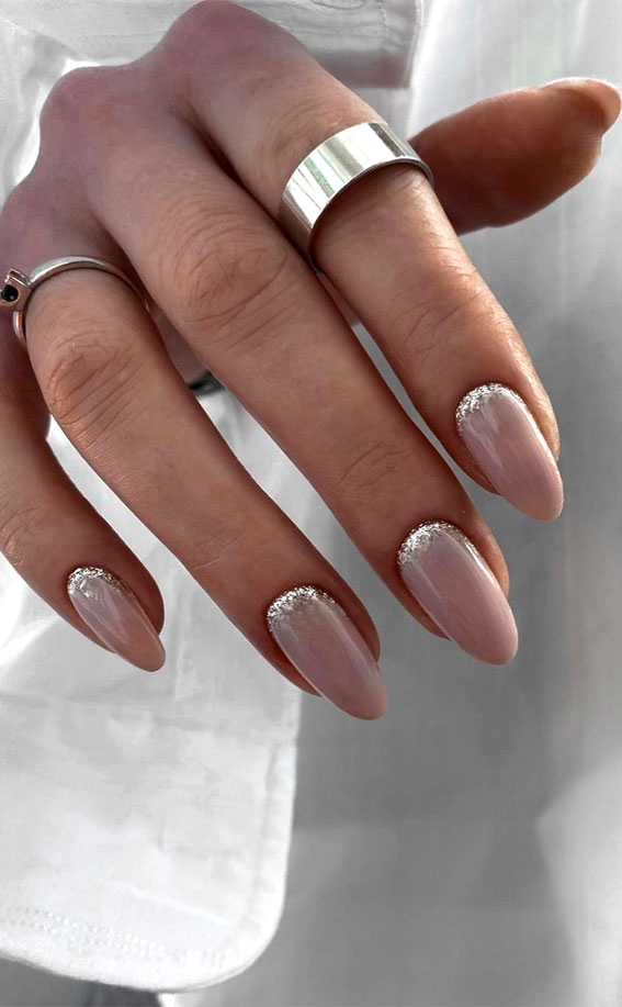 70+ Wedding Nails For Brides : Glitter Reverse French Almond Nails