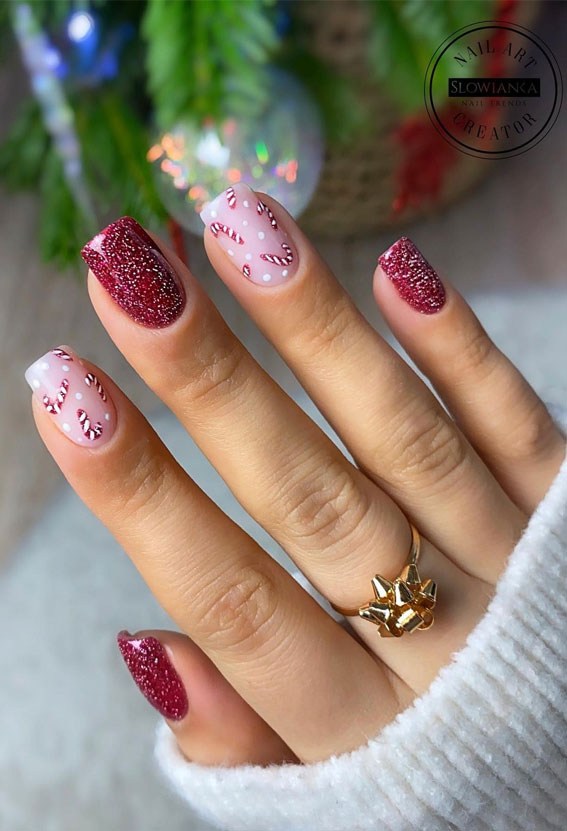50+ Best Festive Christmas Nails : Scattered Candy Cane Nails