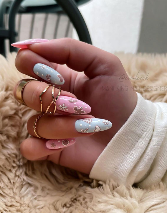 50+ Best Festive Christmas Nails : Gingerbread Man Blue and Pink Nails