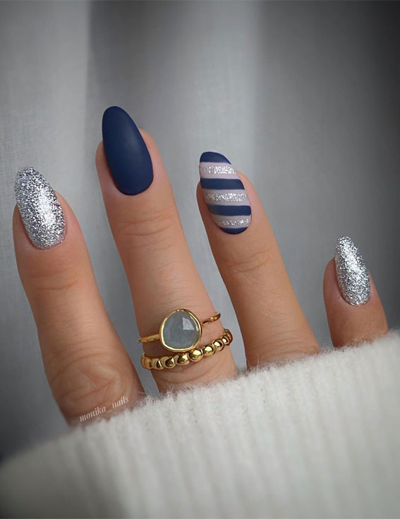 50+ Best Festive Christmas Nails : Blue and Silver Candy Cane Nails