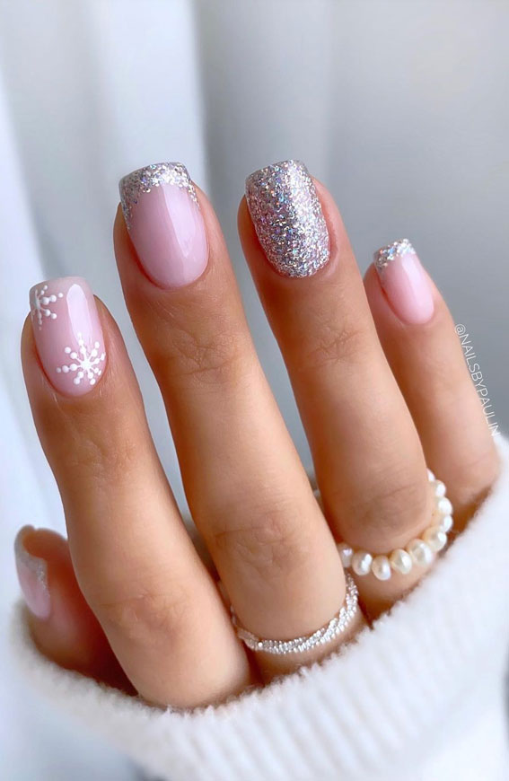 50+ Best Festive Christmas Nails : Snowflake & Silver French Tip Nails