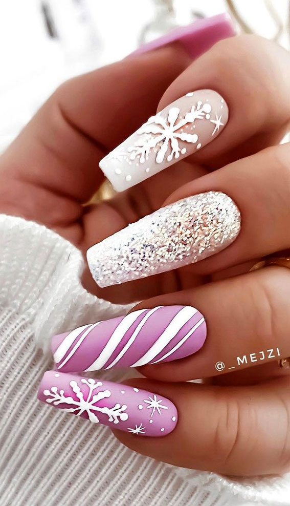 50+ Best Festive Christmas Nails : Pink and White Candy Cane Nails