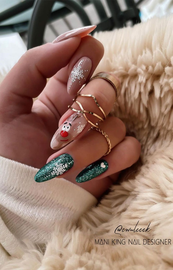50+ Best Festive Christmas Nails : Shimmery Green & Nude Almond Nails