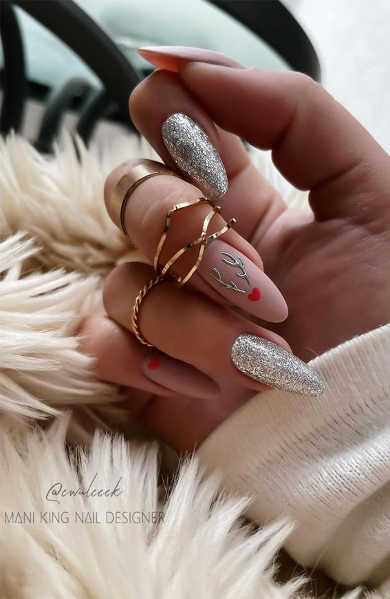 50+ Best Festive Christmas Nails : Silver + Matte Nude Almond Nails