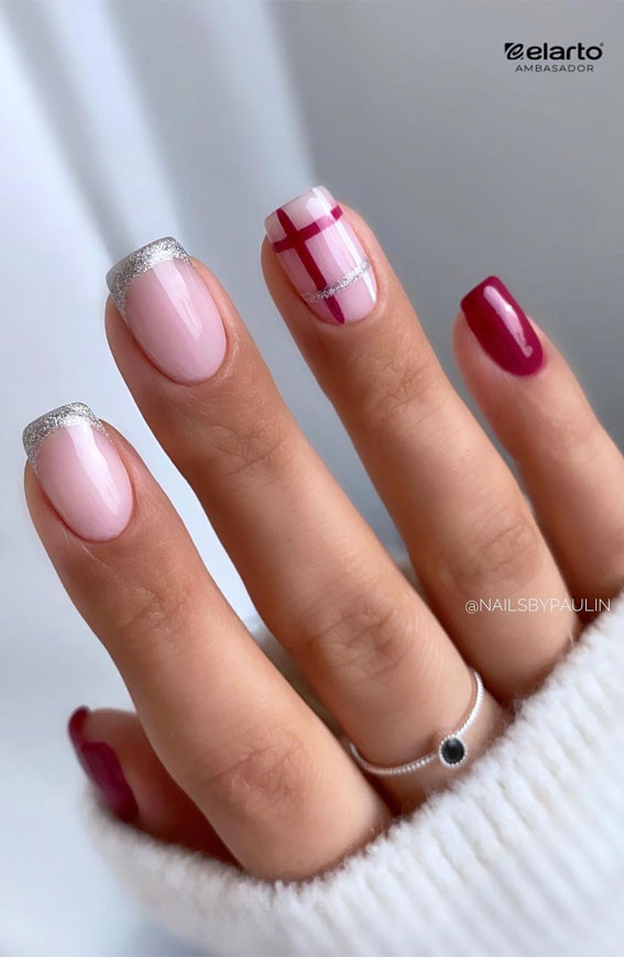50+ Best Festive Christmas Nails : Plaid + Silver French Tips Nails