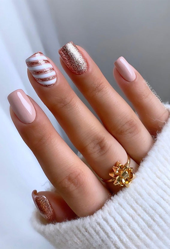 50+ Best Festive Christmas Nails : Soft Neutral Candy Cane Nails
