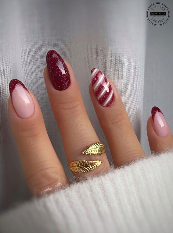 50+ Best Festive Christmas Nails : Glossy Red & White Candy Cane Nails