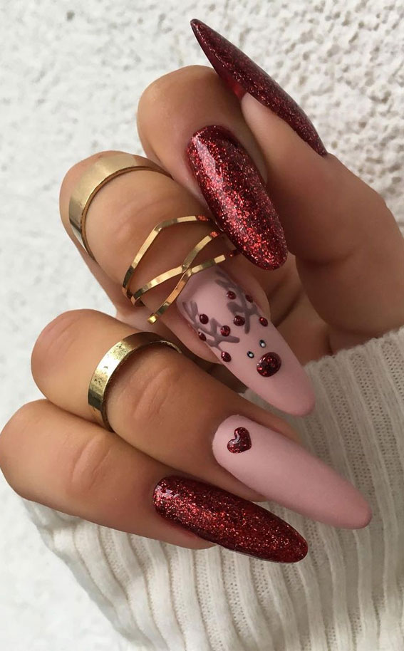 50+ Best Festive Christmas Nails : Rudolph Pink & Red Nails