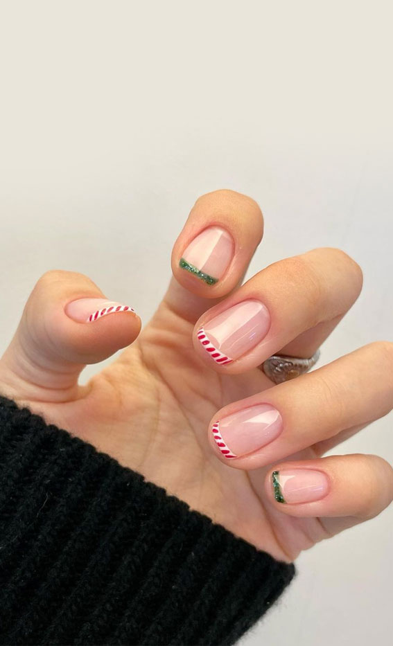 50+ Festive Holiday Nail Designs & Ideas : Green Glitter & Candy Cane Tip Short Nails