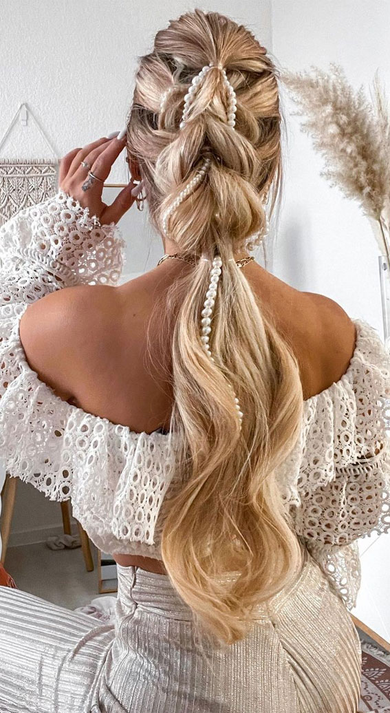 20+ Beautiful Hairstyles to wear in the festive season : Pull Through Braid Pony with Pearls