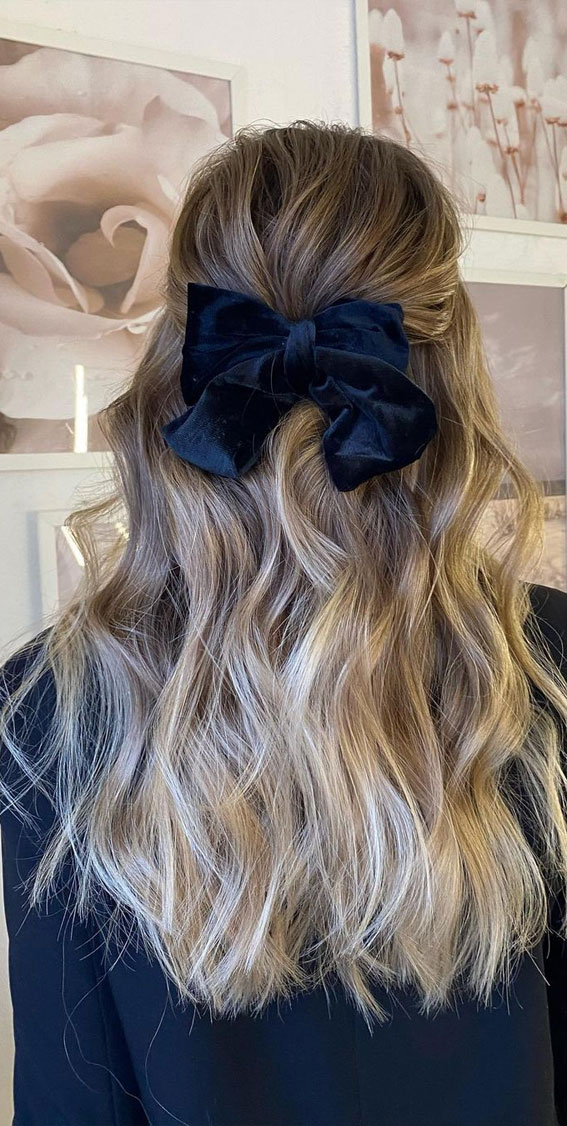 20+ Beautiful Hairstyles to wear in the festive season : Navy Blue Bow + Half Up
