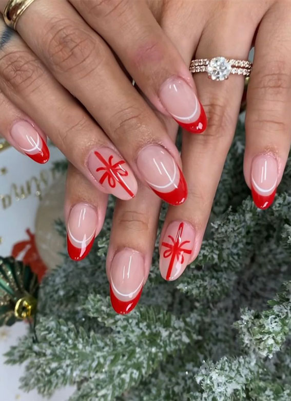 50+ Festive Holiday Nail Designs & Ideas : Double White & Red French Tip Nails
