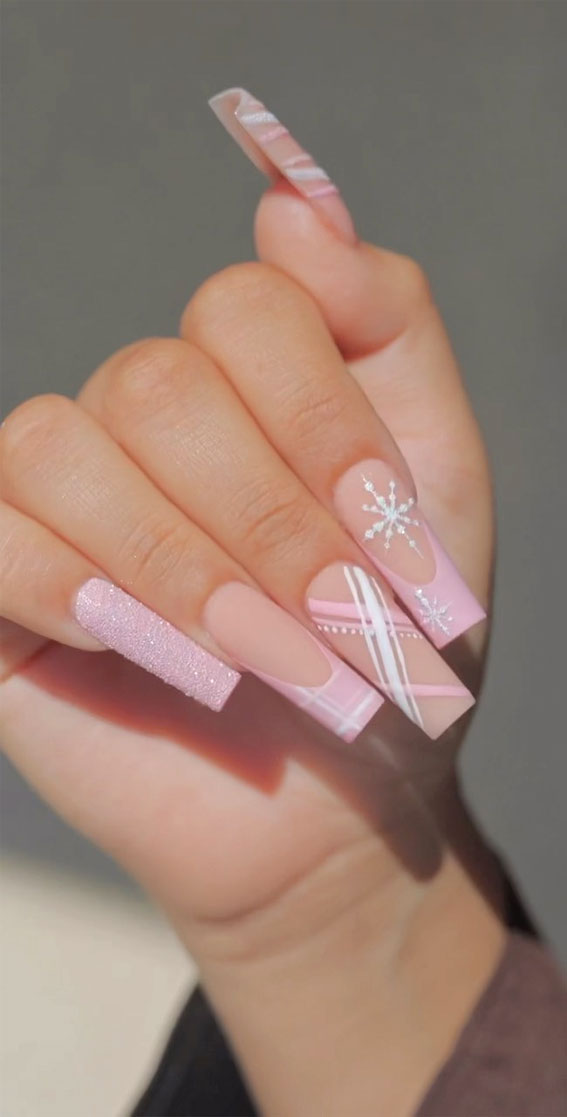 50+ Festive Holiday Nail Designs & Ideas : Pink Tartan French Nails with Snowflake