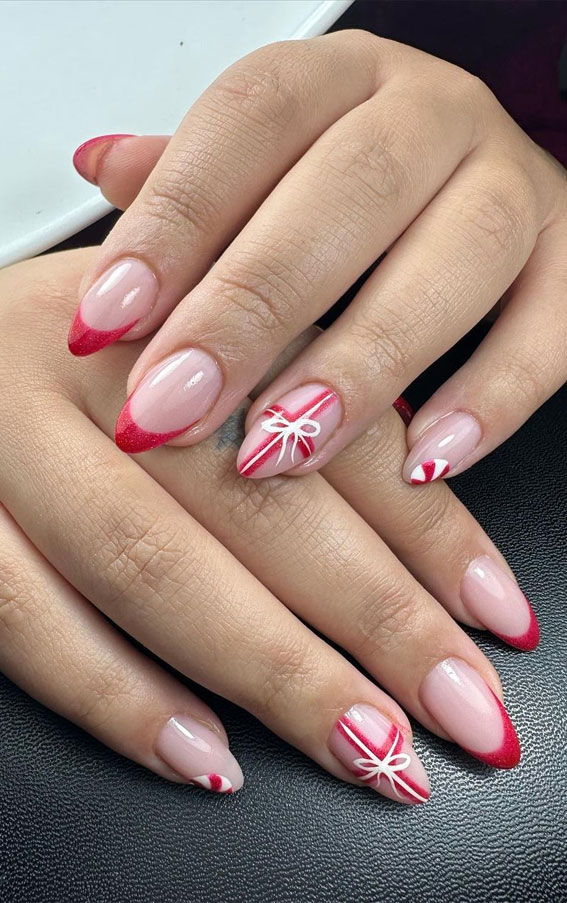 50+ Festive Holiday Nail Designs & Ideas : Shimmery Red French Tip Nails