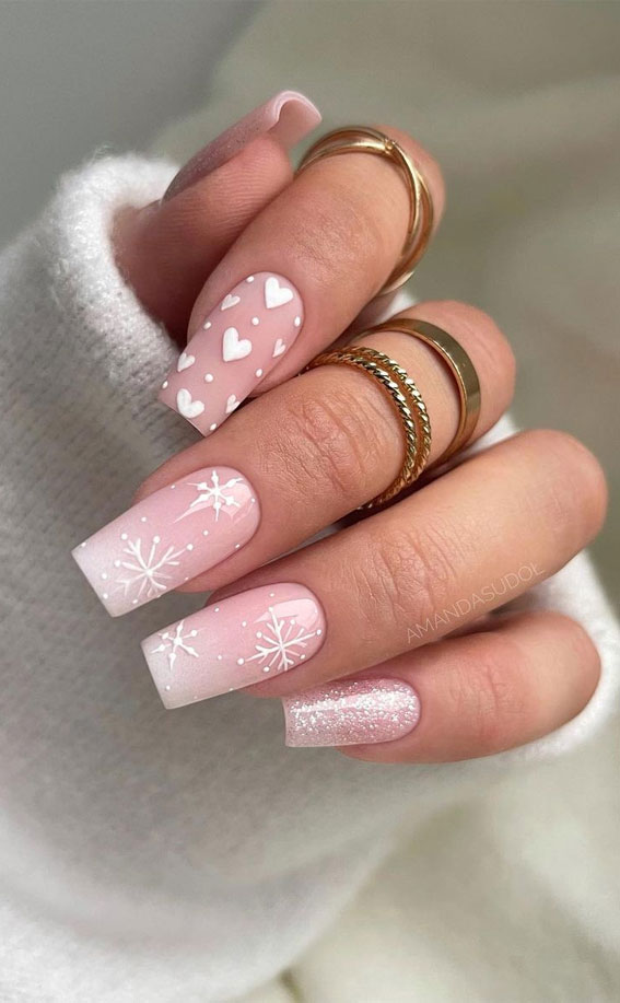50+ Festive Holiday Nail Designs & Ideas : Ombre Nails with Snowflakes & Hearts