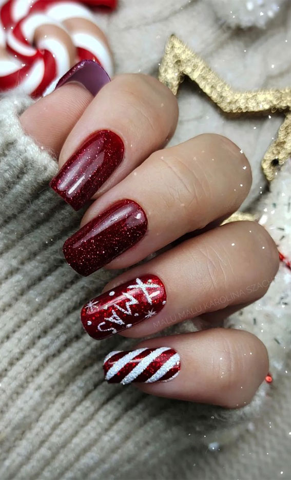 50+ Festive Holiday Nail Designs & Ideas : Present + Deep Red Nails