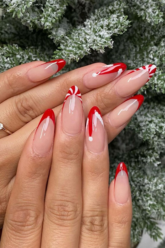 50+ Festive Holiday Nail Designs & Ideas : Red Candy Cane Tip Nails