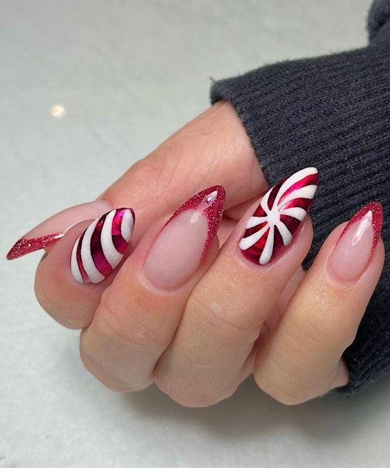 50+ Festive Holiday Nail Designs & Ideas : Red Glitter & Candy Cane Textured Nails
