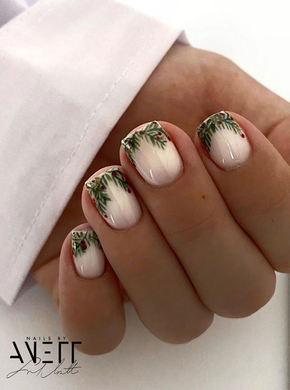 50+ Festive Holiday Nail Designs & Ideas : Christmas Foilage Tip White Square Nails