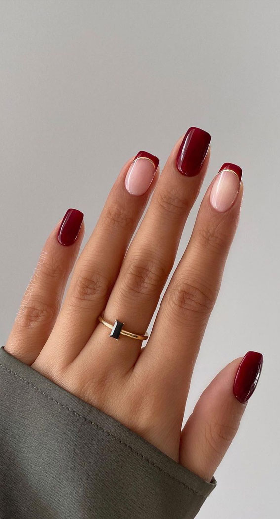 50+ Festive Holiday Nail Designs & Ideas : Gold & Red French Square Nails