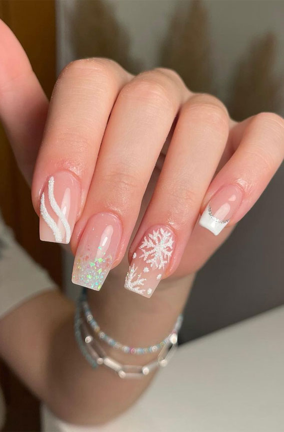 50+ Festive Holiday Nail Designs & Ideas : Sheer Snowflake Nails