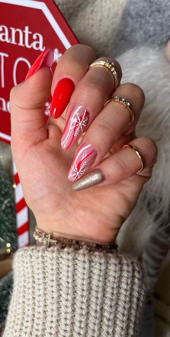 50+ Festive Holiday Nail Designs & Ideas : Red and White Swirl Sheer Nails with Snowflake