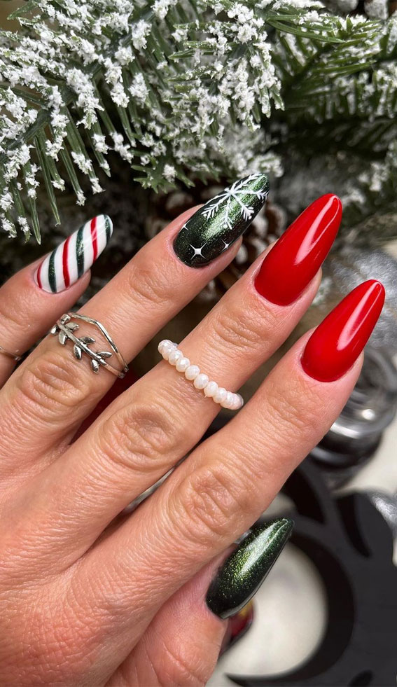 50+ Festive Holiday Nail Designs & Ideas : Green & Red Christmas Nails with Snowflake