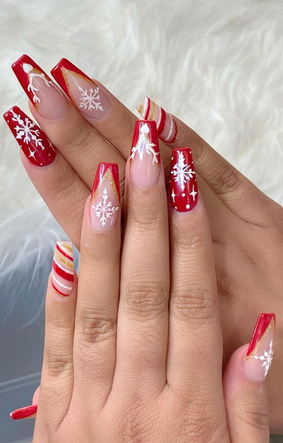 50+ Festive Holiday Nail Designs & Ideas : Gold and Red V-French Christmas Nails