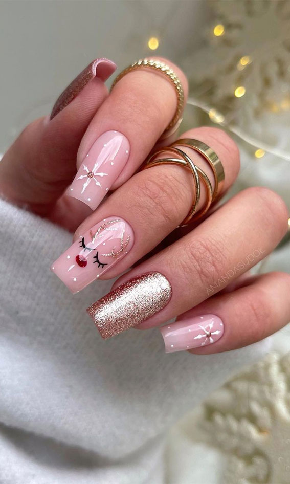 50+ Festive Holiday Nail Designs & Ideas : Girly Reindeer Nude Nails