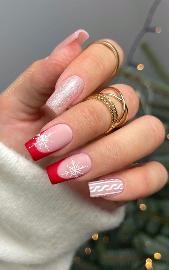 50+ Festive Holiday Nail Designs & Ideas : Nude Sweater & Red French Nails