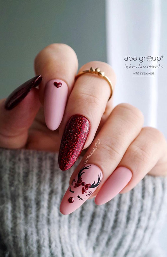 50+ Festive Holiday Nail Designs & Ideas : Glitter Red & Matte Pink Nails